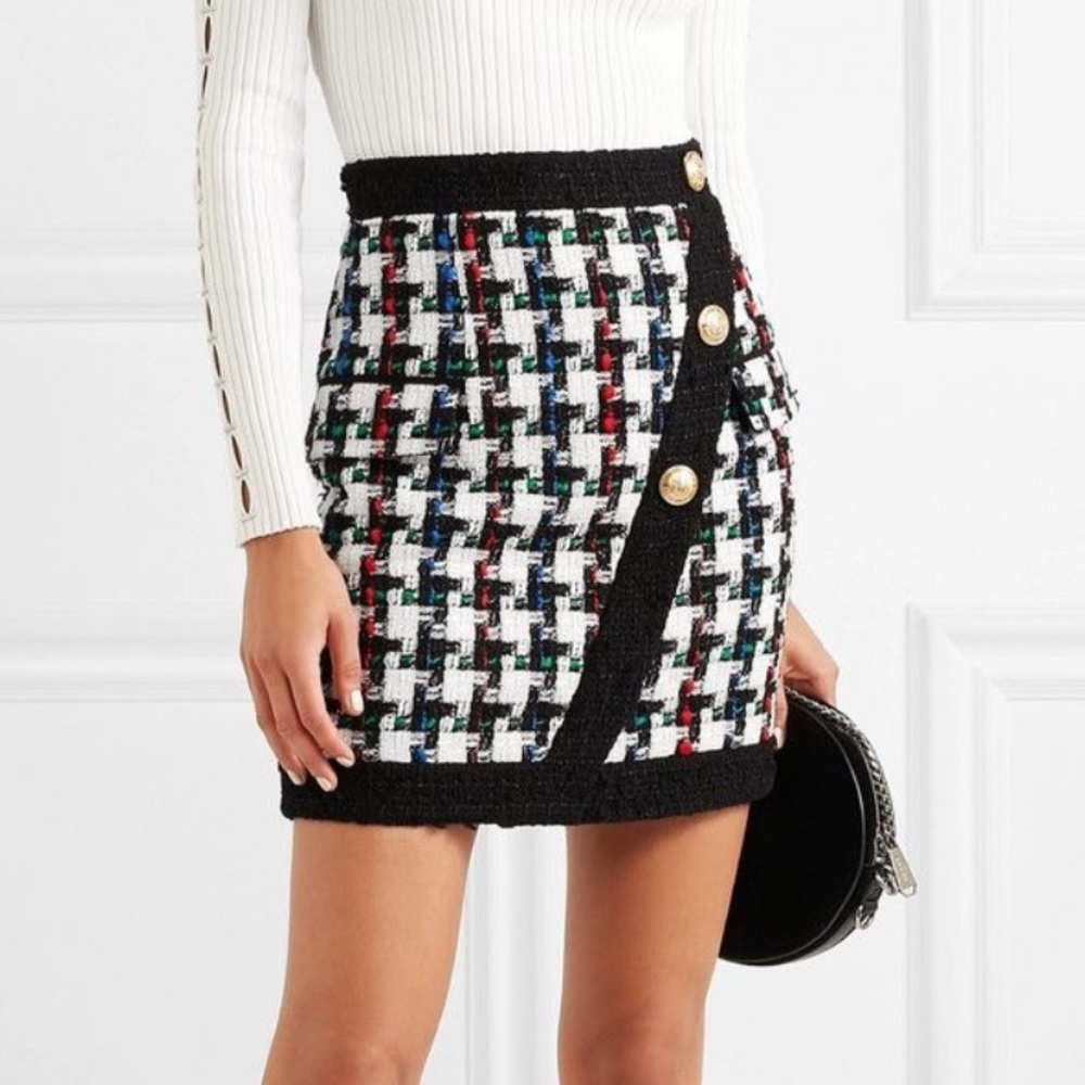 New Balmain Button Embellished Houndstooth Tweed Mini Skirt Size 40